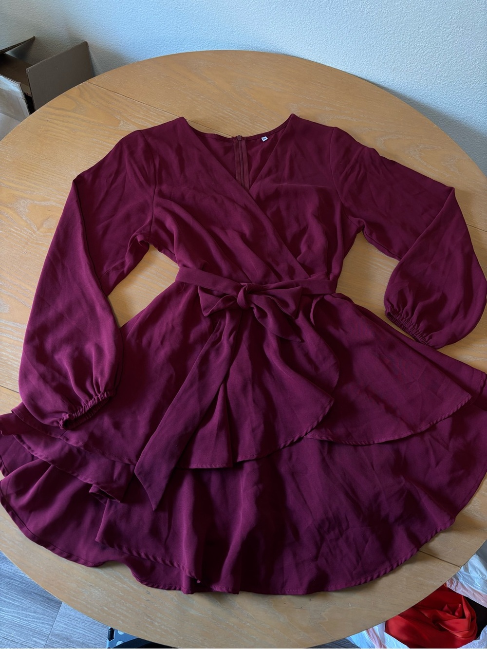 Burgundy Wrap Tiered Long-Sleeve Dress